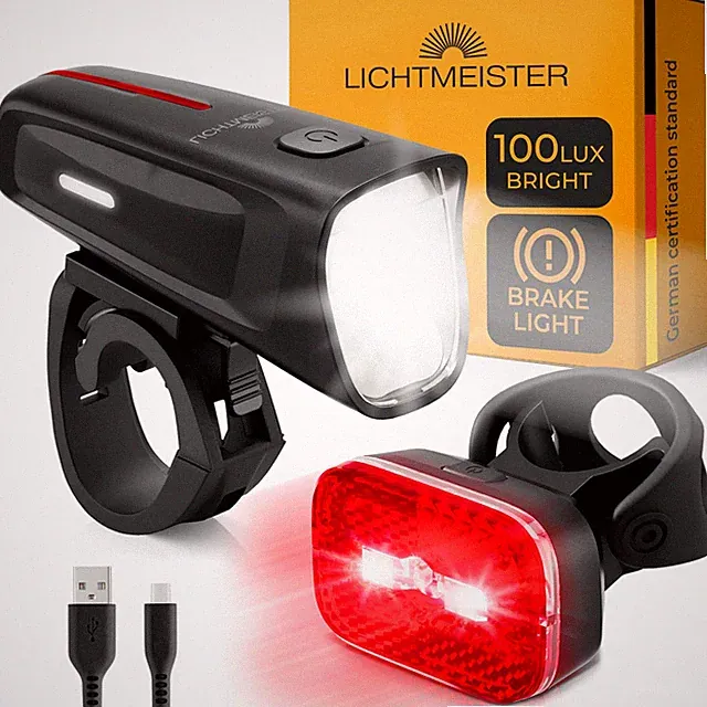 Bike Lights 100 Lux - 2000 mAh Battery - with Reflector & Brake Light - USB-C...