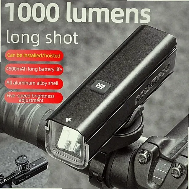 ROCKBROS Bike Front Light 1000Lumen USB Charge 4500mAh Waterproof Aluminum Shell