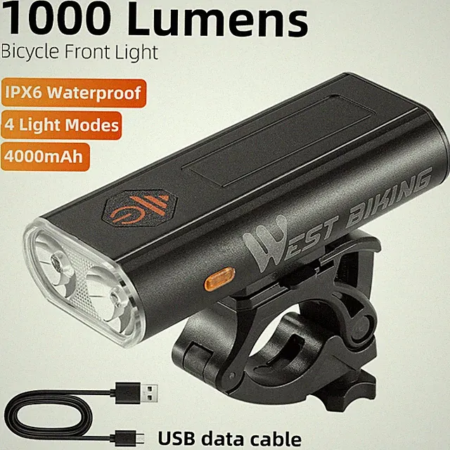WEST BIKING 1000LM Waterproof Bicycle Front Light USB Rechargeable LED Headlight