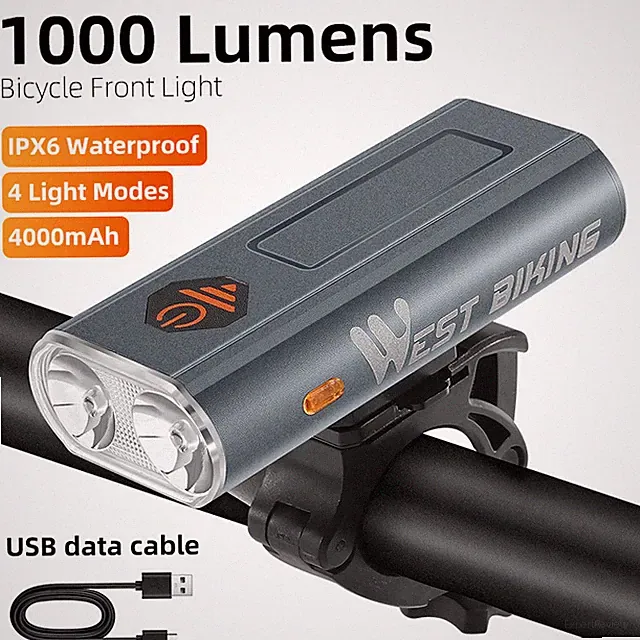WEST BIKING 1000Lumens IPX6 Waterproof USB Charging Bicycle Headlight Silver