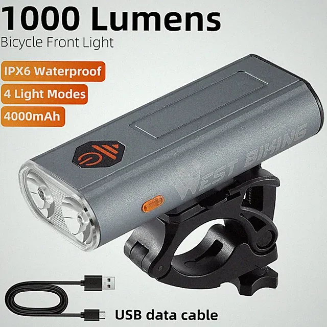 WEST BIKING Portable 1000Lumens IPX6 Waterproof USB Charging Bicycle Headlight